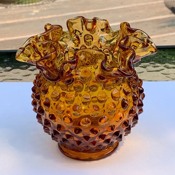 Fenton Other - Vintage Fenton Amber Glass Footed Hobnail Vase with Ruffled Edge